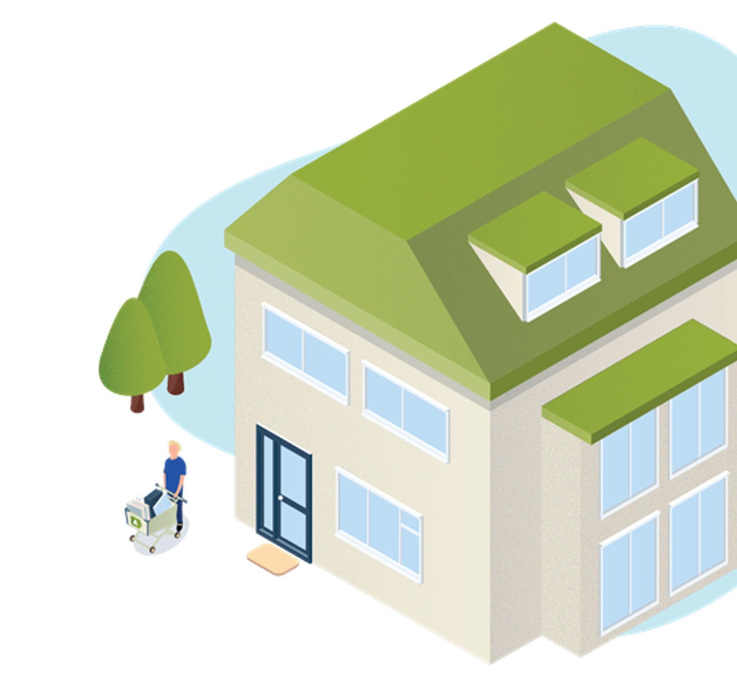 Illustratie van een beige huis met een groen dak