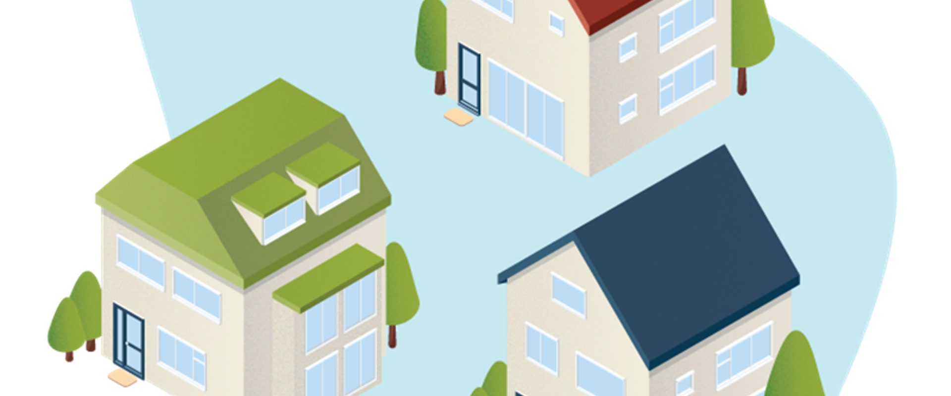 Illustratie van 3 huizen met beige muren en verschillend gekleurde daken.