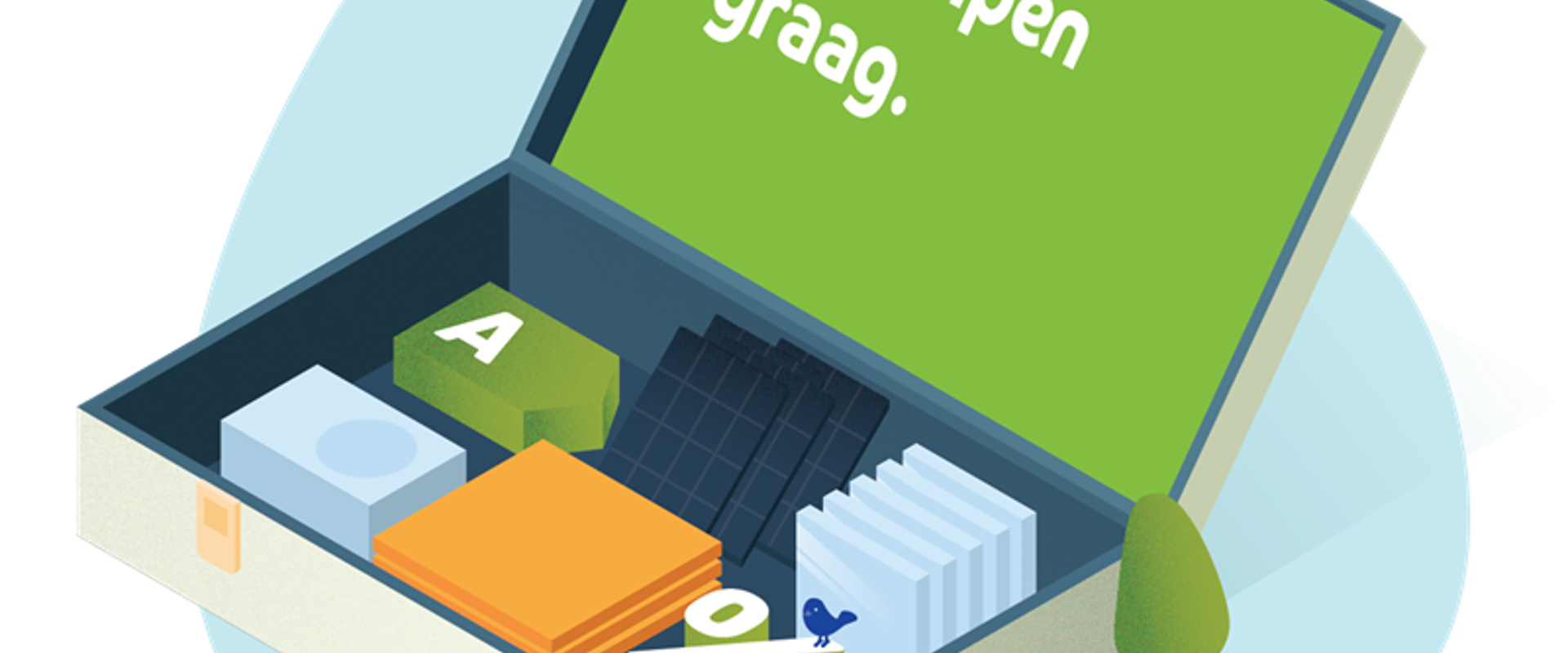 Illustratie van een koffer met hierin een energielabel A, zonnepanlen, een percentageteken. Op de koffer staat de tekst: Wij helpen graag.