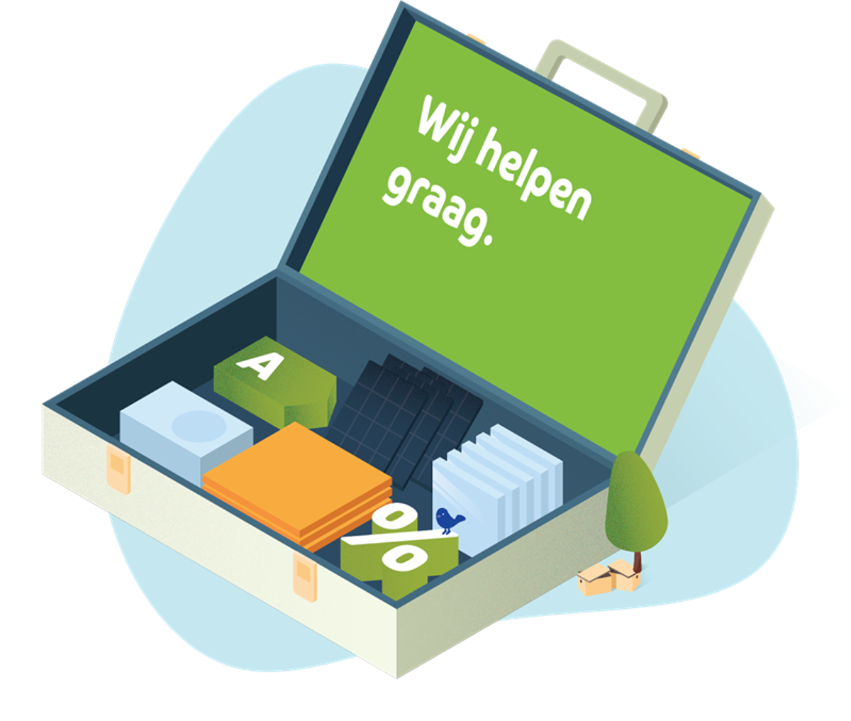Illustratie van een koffer met hierin een energielabel A, zonnepanlen, een percentageteken. Op de koffer staat de tekst: Wij helpen graag.