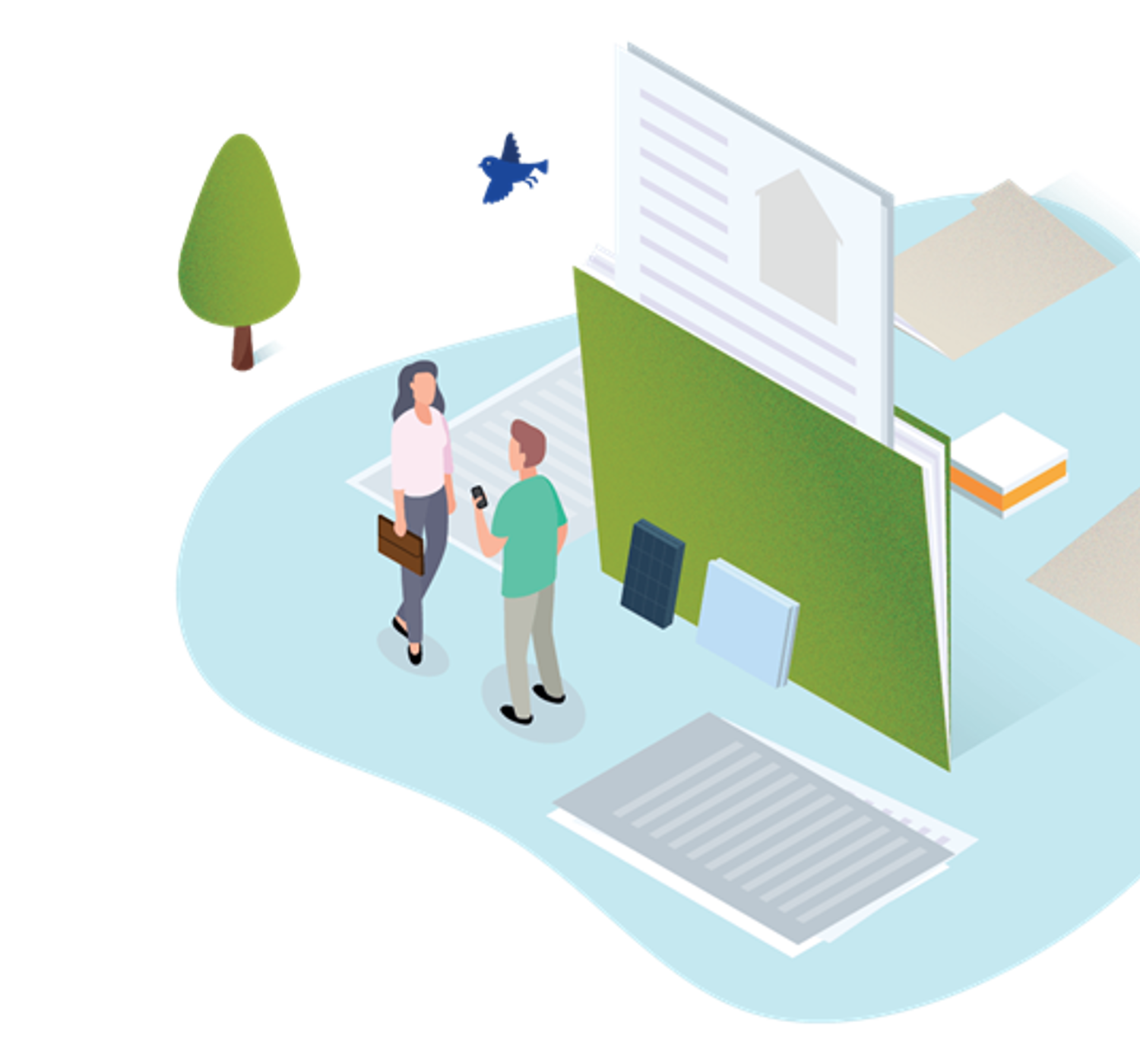 Animatie afbeelding adviseur en klant staan samen met om hun heen mappen met documenten.