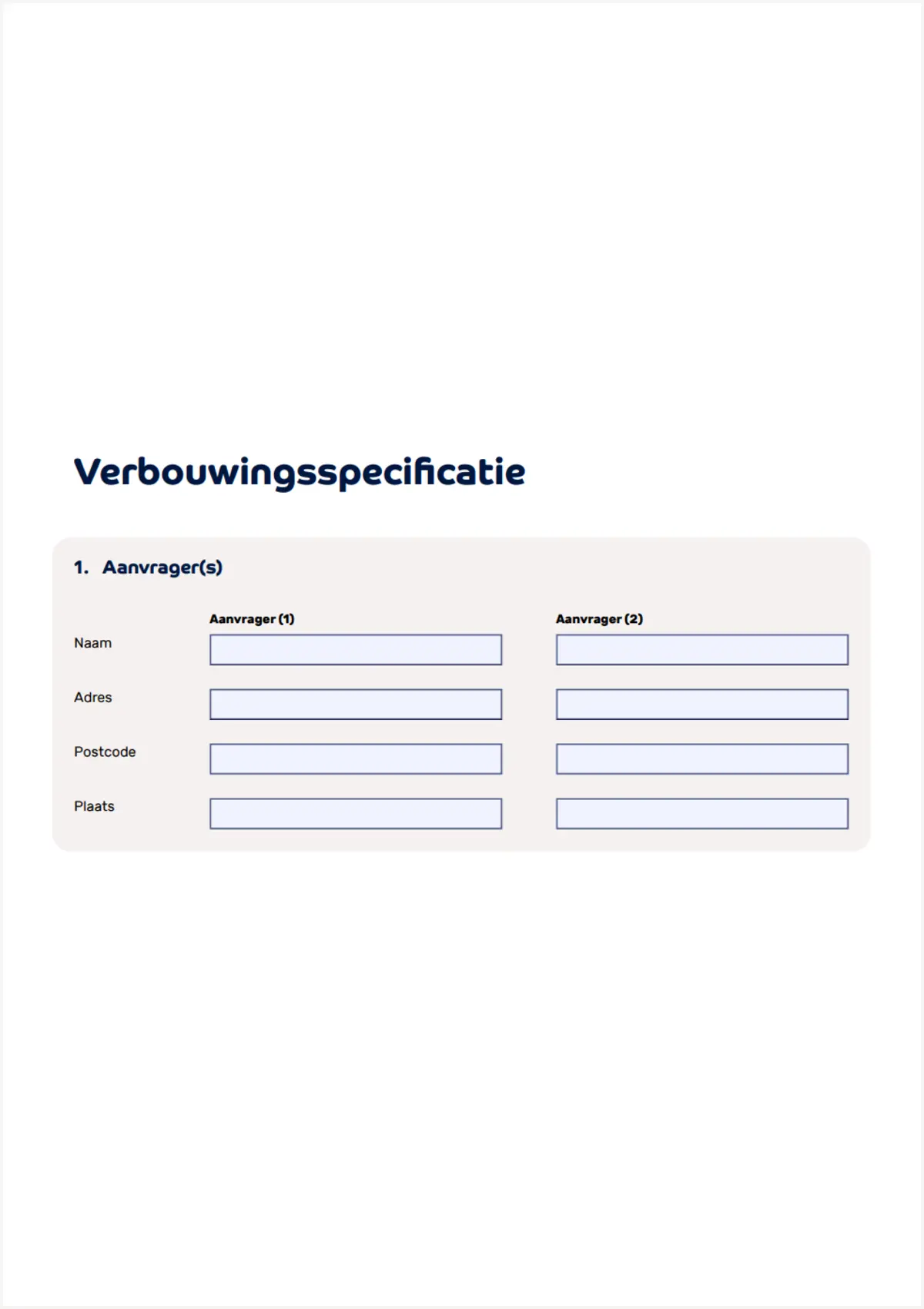 Afbeelding waarop tekst te zien is wat gebruikt wordt voor het formulier Verbouwingsspecificatie.