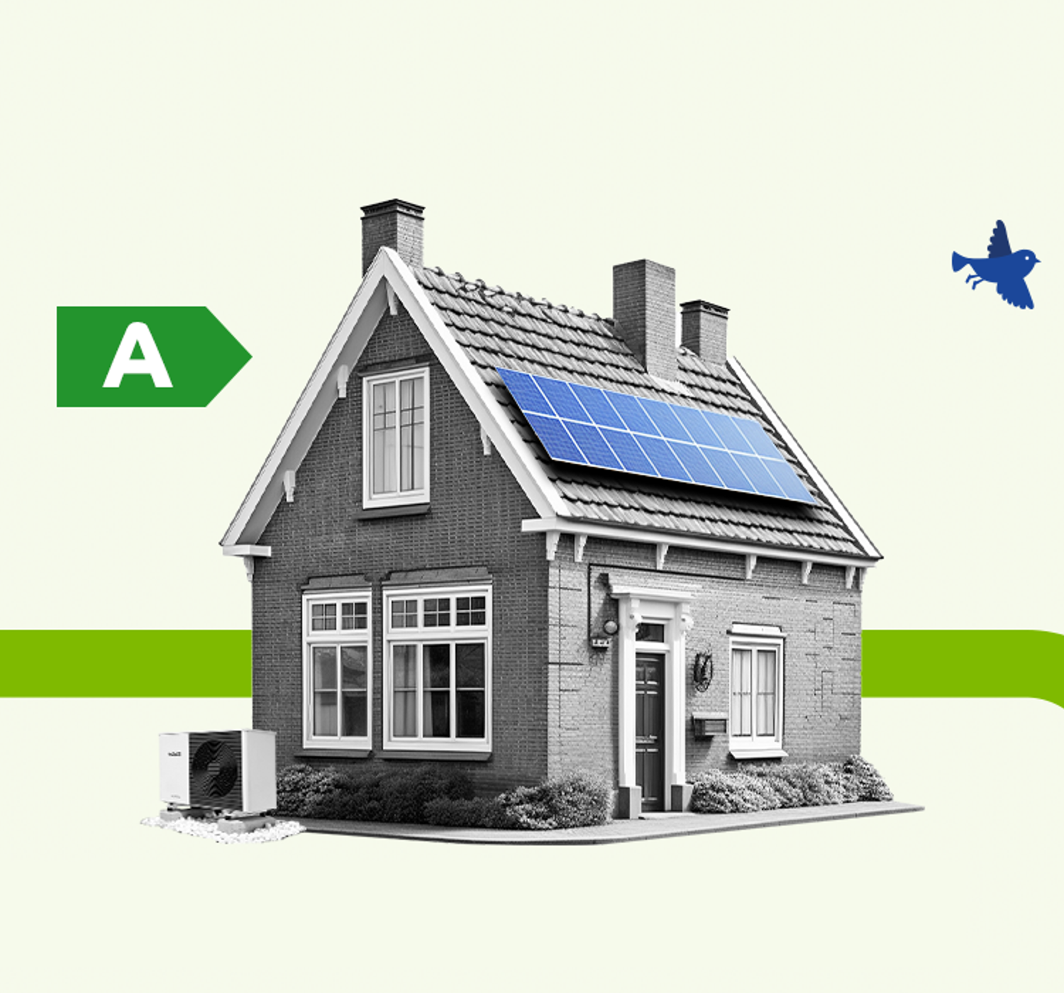 Illustratie: Jaren Nu Huis. Een huis met zonnepanelen en een warmtepomp verduurzaamt naar energielabel A.