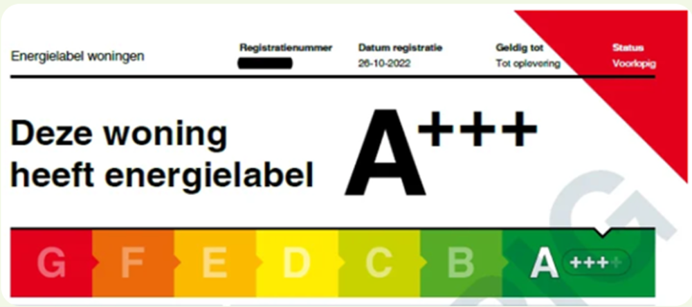 Het voorlopig energielabel is te herkennen aan de rode driehoek rechts boven.
