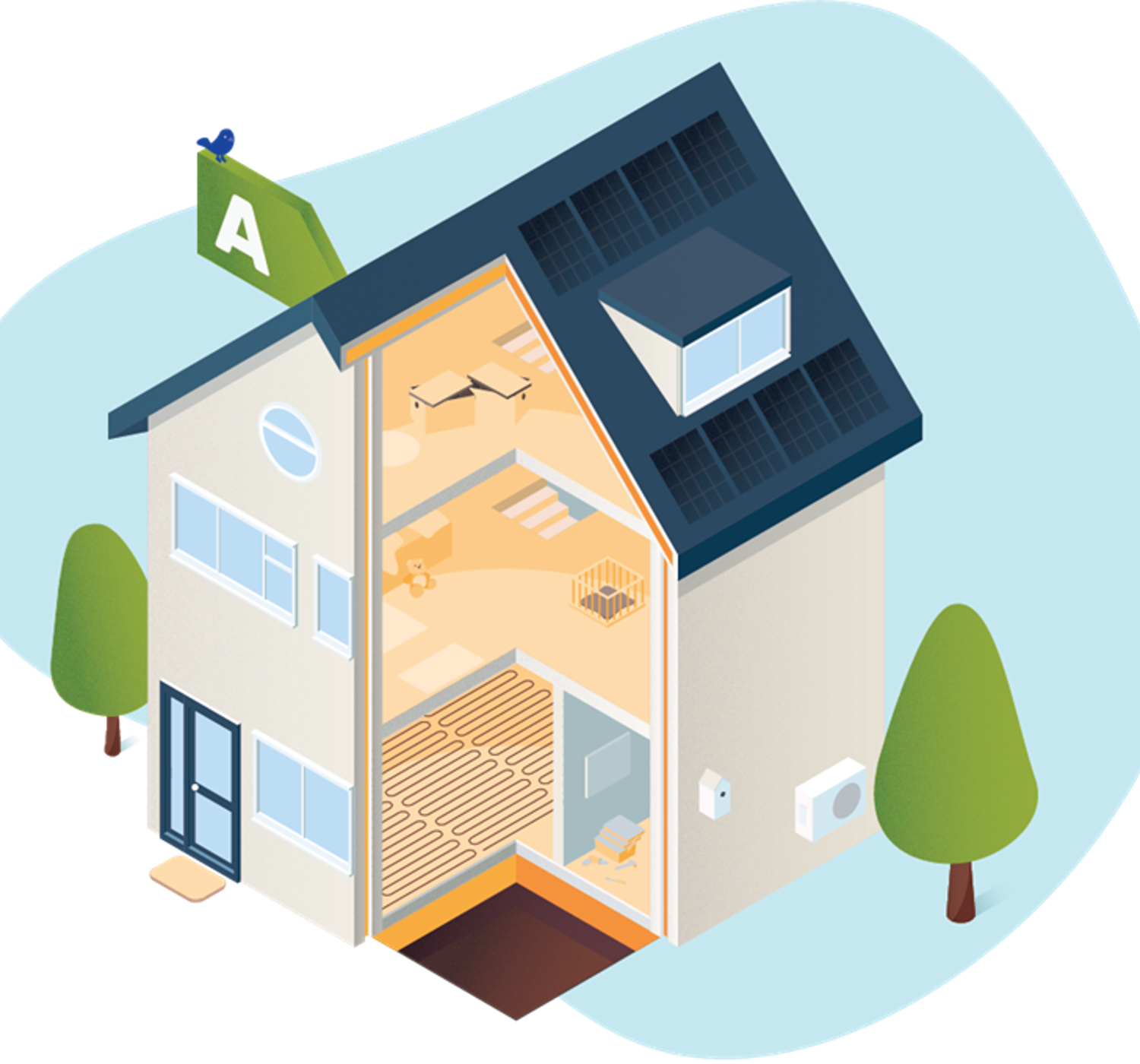 Illustratie open huis waarin verduurzamingsmogelijkheden te zien zijn. Zoals vloerverwarming en zonnepanelen.