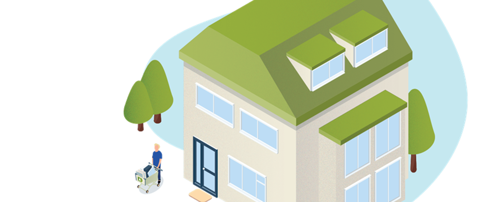 Illustratie huis met groen dak en beige muren.