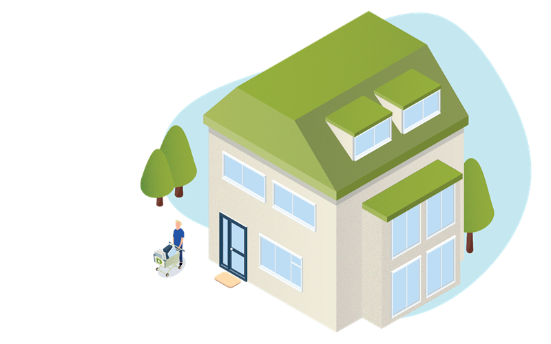 Illustratie huis met groen dak en beige muren.