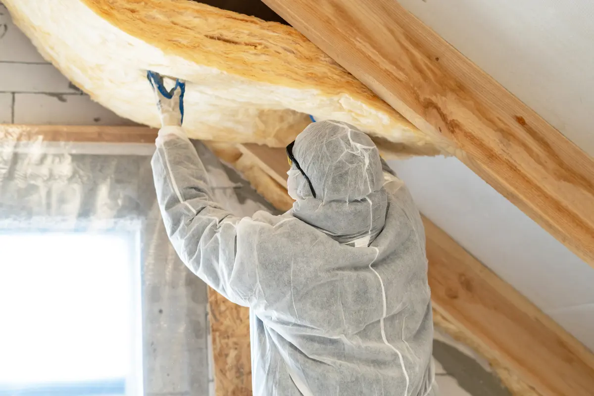 Installateur plaatst isolatiemateriaal op een schuin dak
